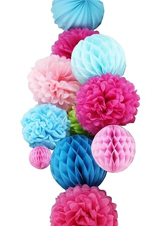 SUNBEAUTY 11er Set Deko Kombination Pink Rosa Blau Wabenbälle Pompoms