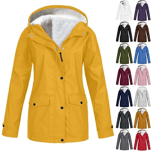Winter Jackets for Women UK, Fleece Lined Hooded Rain Coat Winter Warm Outdoor Raincoat with Pockets for Hiking Walking, Ladies Casual Long Sleeve Lightweight Windproof Jacket