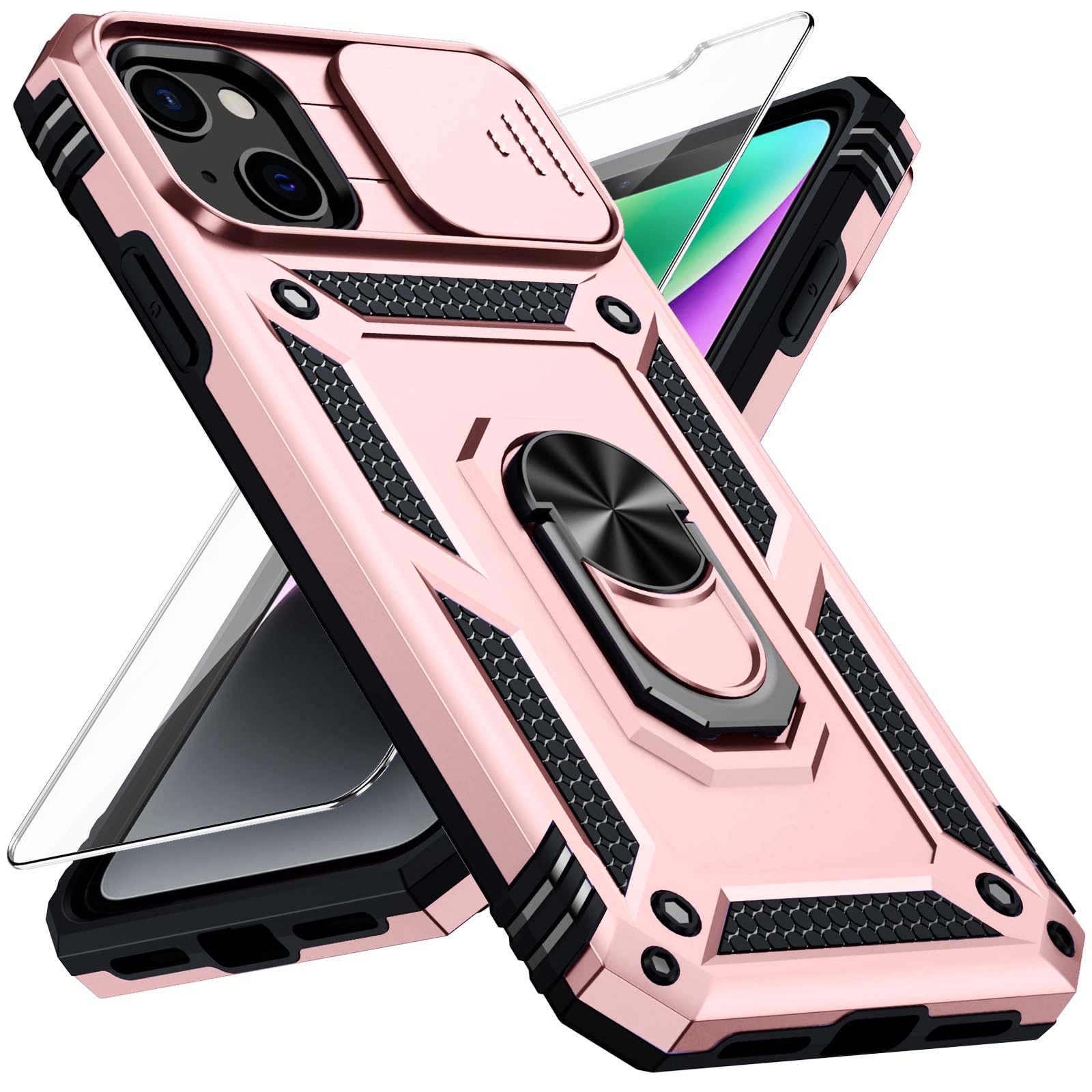 VINVE for iPhone 13 Case with Slide Lens Cover, Military Grade Drop Protection, Magnetic Rotated Ring Holder Kickstand Protective Phone Case (Rose Gold)