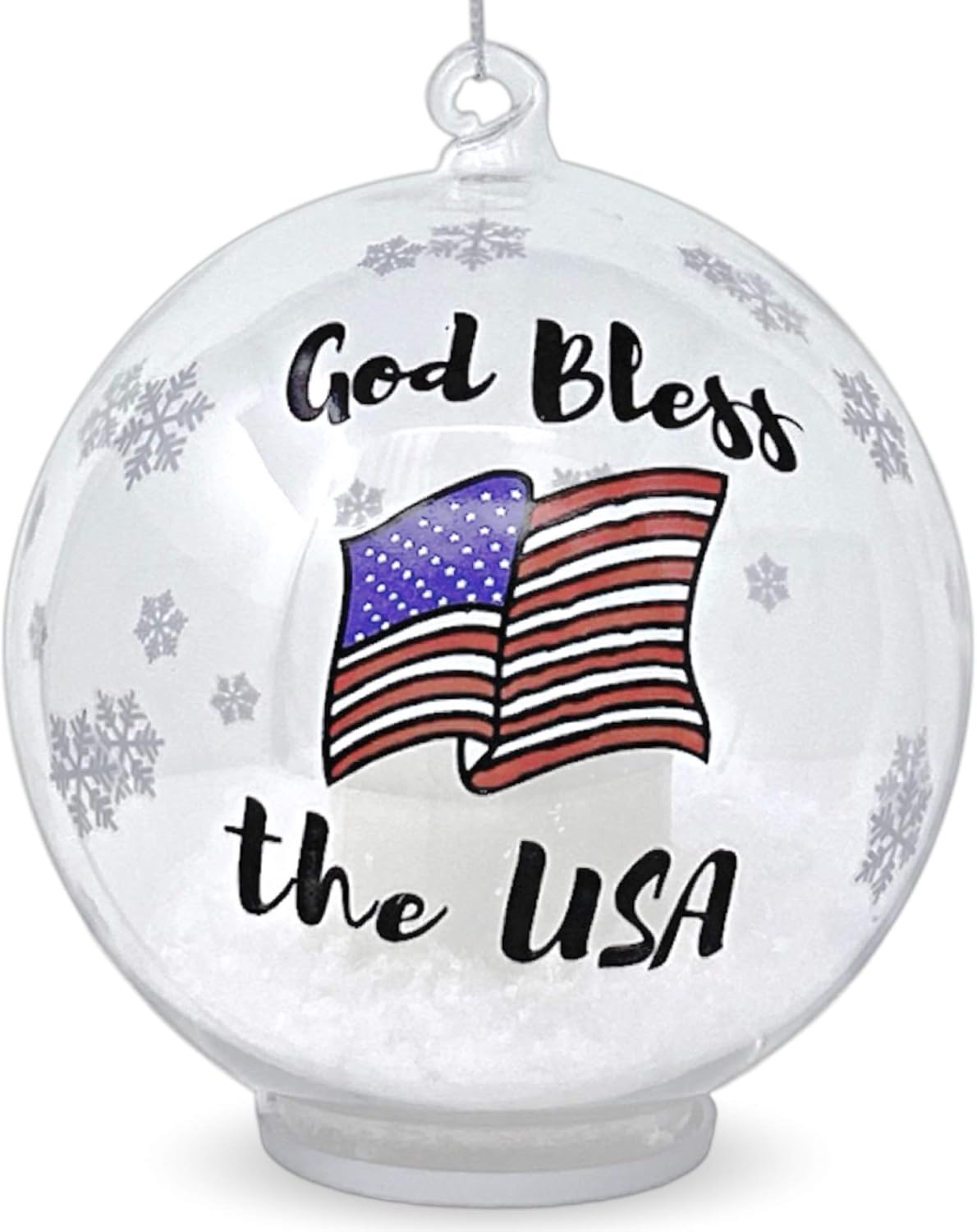 BANBERRY DESIGNS Patriotic Christmas Ornament – Glass Ball Ornament with God Bless The USA – Light Up Ornament with a LED Candle and Artificial Snow Inside – Red White and Blue American Flag Design
