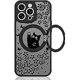 Heaofei Cute Case for iPhone 13 Pro Max Case with Stand [ Compatible with MagSafe ] Kawaii Black Cat & Floral & Butterflies Pattern Design 360 Magnetic Ring Kickstand Phone Cover for Women Girls Boys