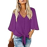luvamia Women's V Neck Tops 3/4 Sleeve Tie Knot Floral Blouses Button Down Shirts