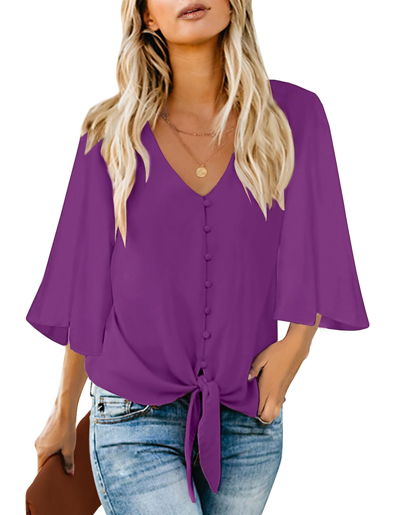 Photo 1 of ** size L***uvamia Womens Fashion V Neck Tops 3/4 Bell Sleeve Blouses Button Down Summer Tops for Women Work Blouses for Women Summer Outfits for Women Purple Size Large Fits Size 12 / Size 14