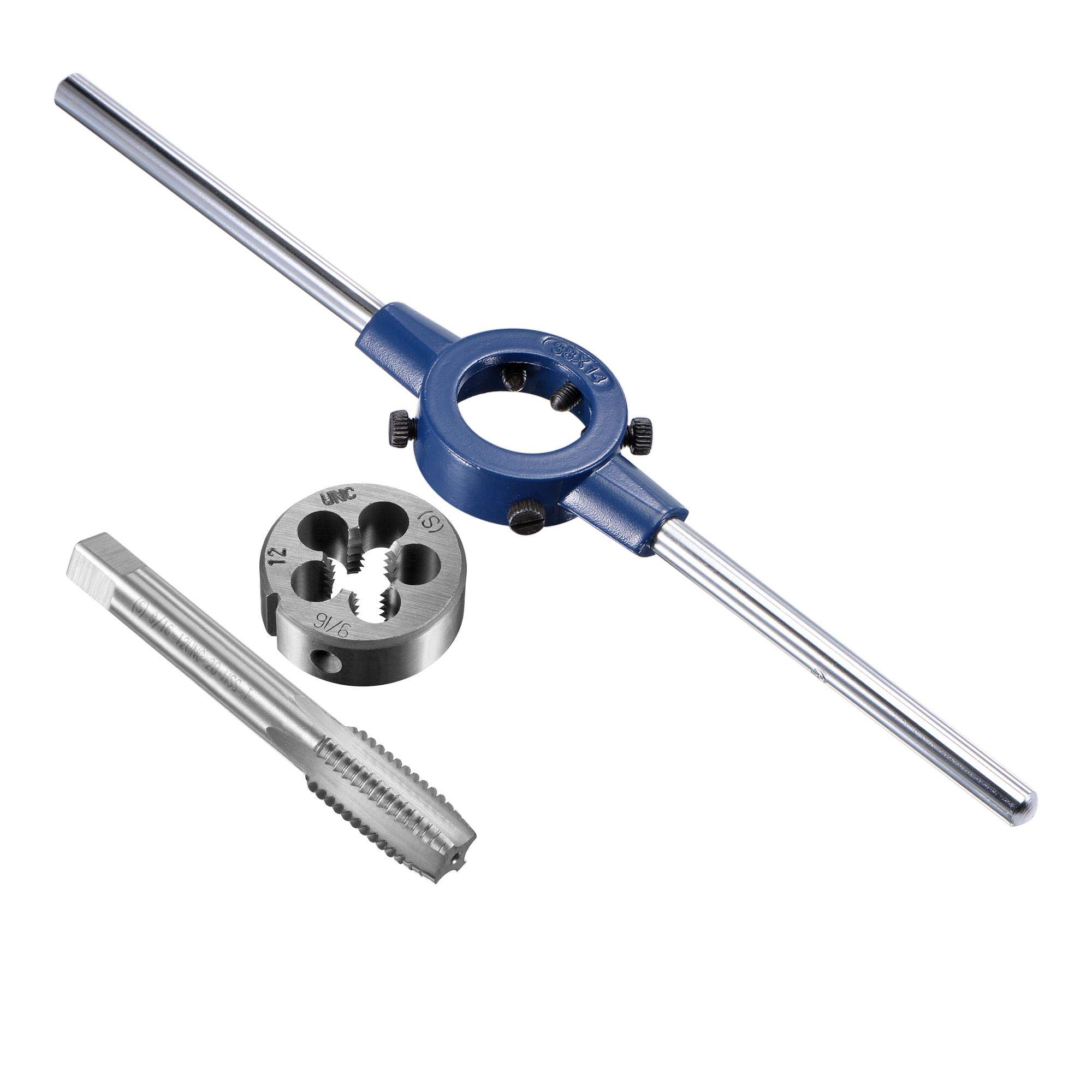 sourcing map 9/16-12 UNC Tap and Die Set with 38mm Round Die Stock Handle Wrench, High Speed Steel Machine Thread Tap and Round Die Threading Tool