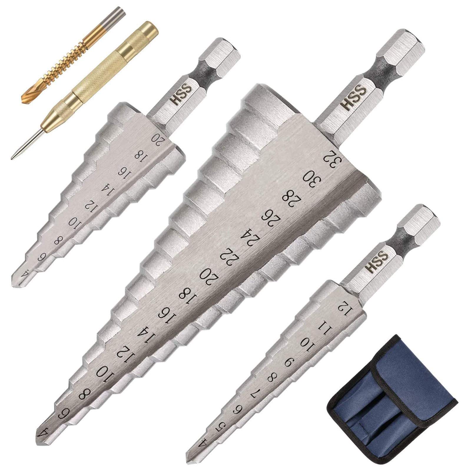 flintronic Step Drill Bit Set with 1 Automatic Center Punch + 1 Twist Drill Bit, 3PCS 4mm to12 20 32mm (5/32" to 5/4") HSS Titanium Coated Double Slot Cone Cutting Drill for Plastic Wood Metal