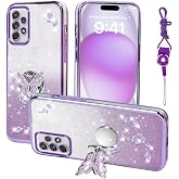 RTYQXK for Samsung Galaxy A72 4G Phone Case,for A72 5G Mobile Phone Case for Women and Girl, Glitter Butterfly Floral TPU Protective Cover with Kickstand+Strap for Samsung A72 5G / 4G (Purple)