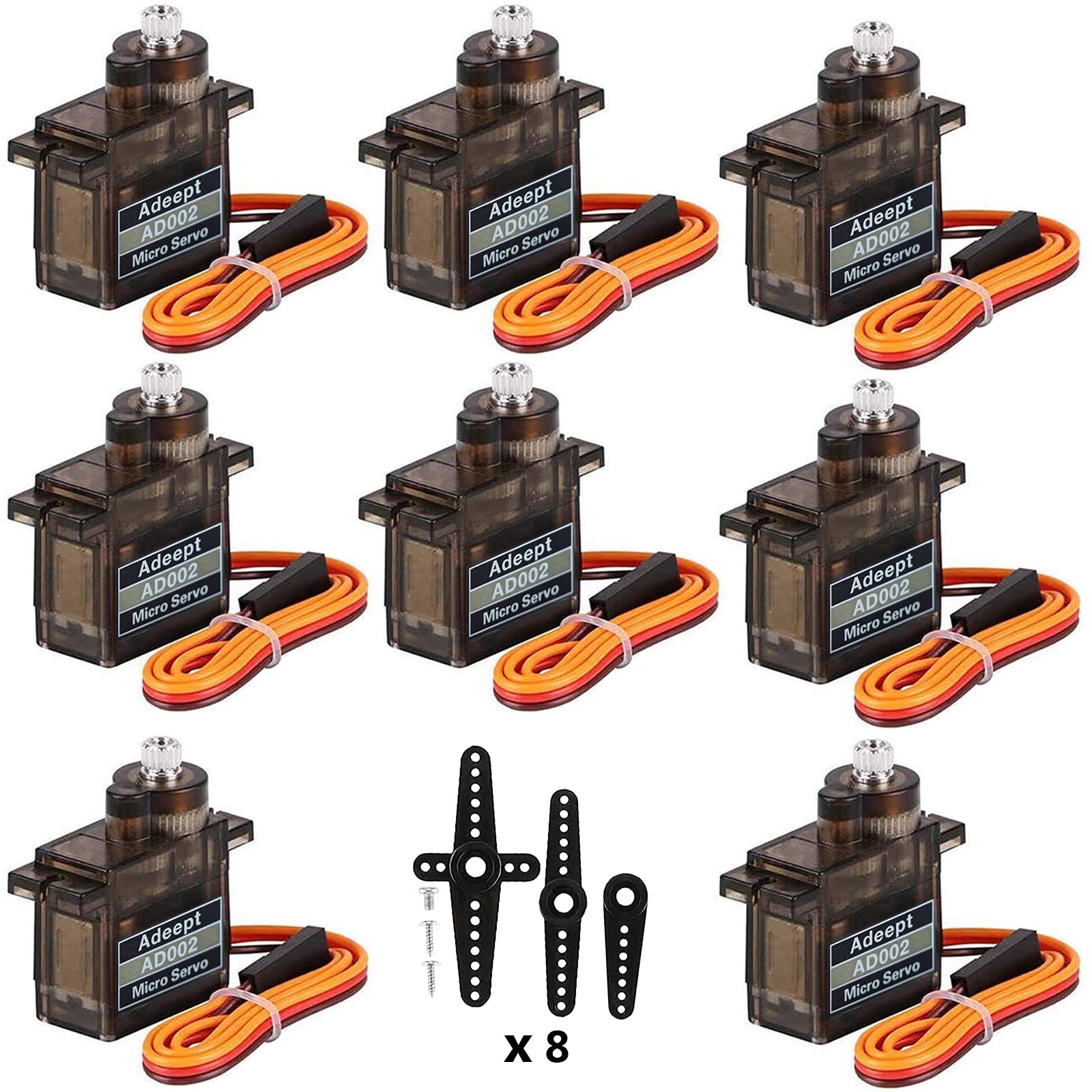 Adeept 8Pcs Micro Servo Motor Kit AD002 9G Servo Motor Metal Geared for DIY Smart Car Robot/Robotic Arm/STEM Raspberry Pi Arduino Project/Helicopter Plane Boat