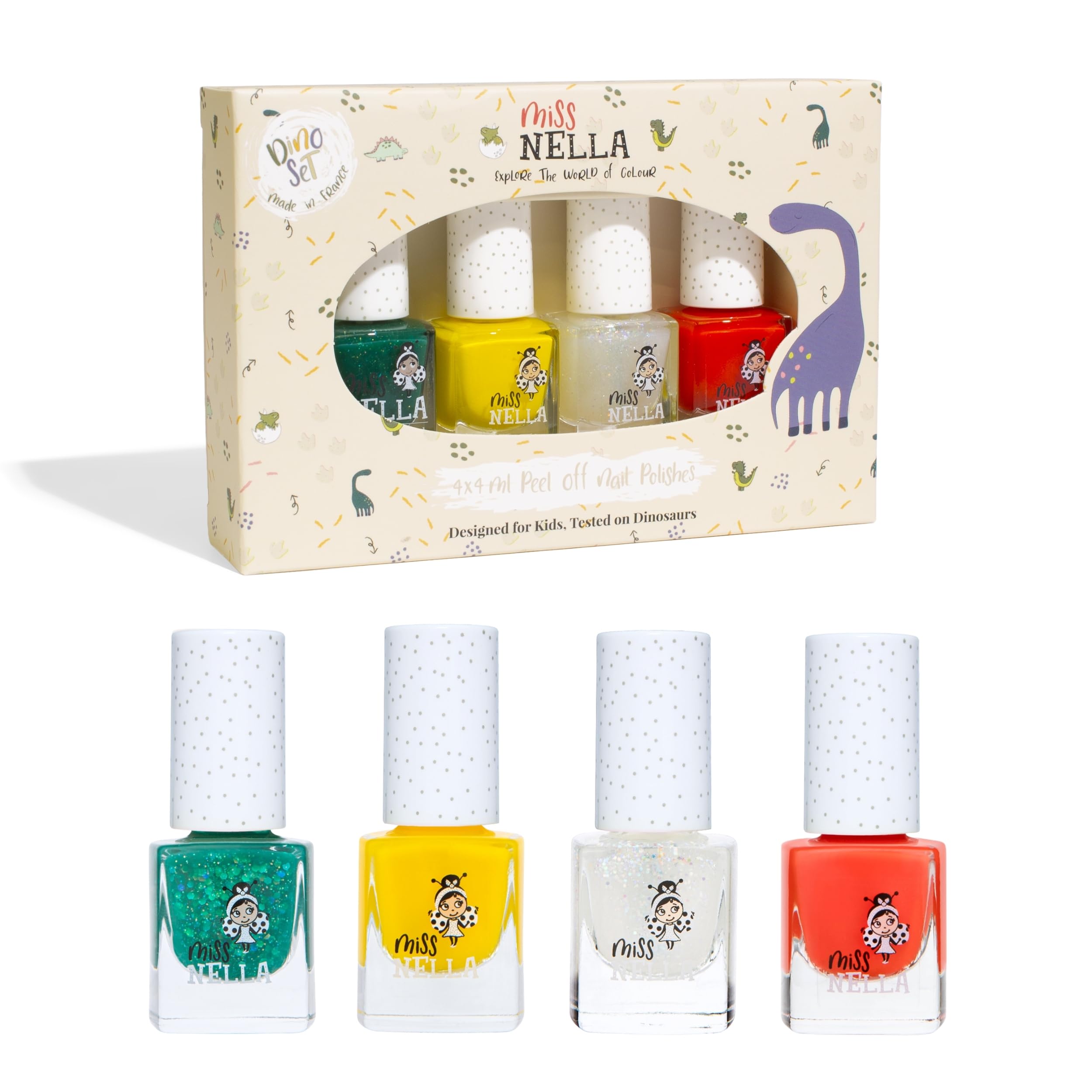 Miss Nella DINO COLLECTION 4 Chrome nail polish set- Sweet-osaurus- coper, Diplodo-kiss- pink, Rawr-some - blue, Dino-rific- green, Peel Off kids Nail Polish — image 1