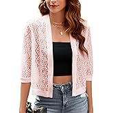 FindThy Women’s Casual Summer Lace Cardigan Open Front 3/4 Sleeve Solid Lace Shrug Cover Up
