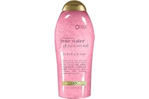 OGX Sensitive + Rose Water & Pink Sea Salt Exfoliating Body Scrub + Rose Quartz, Gentle Exfoliating Daily Body Wash Softens Skin, Body Scrub for Women, Sulfate-Free Surfactants, 19.5 fl oz