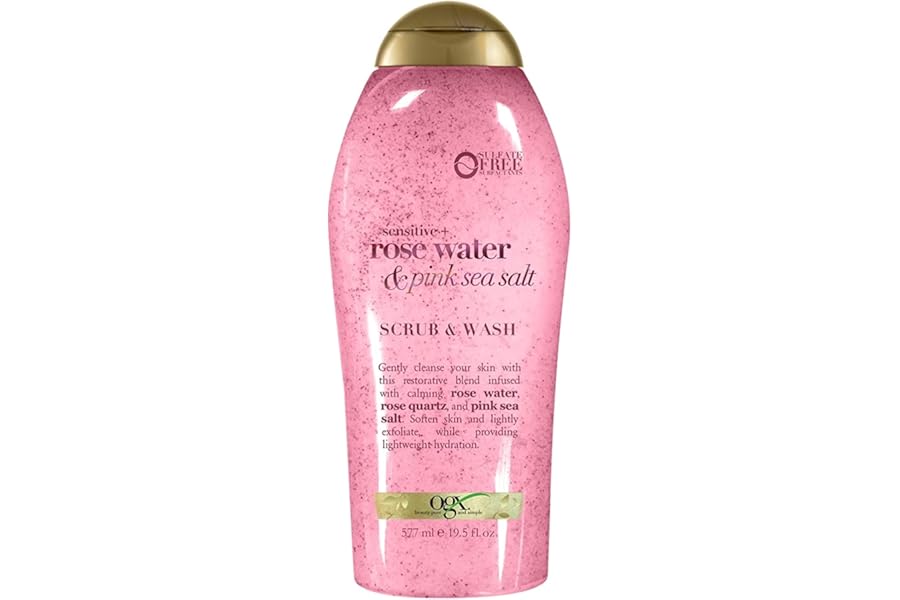 OGX Sensitive + Rose Water & Pink Sea Salt Exfoliating Body Scrub + Rose Quartz, Gentle Exfoliating Daily Body Wash Softens Skin, Body Scrub for Women, Sulfate-Free Surfactants, 19.5 fl oz