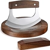 Sunnychicc 2 Pcs Mezzaluna Ulu Knife and Cutting Board Set Rocker Chopper Slicer Cutter with Stand Cutting Board Mezzaluna Chopper Alaskan Ulu Knife Kit for Onion Vegetable Mincing Tool(Walnut Wood)