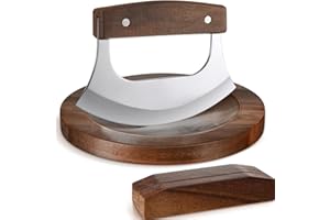 Sunnychicc 2 Pcs Mezzaluna Ulu Knife and Cutting Board Set Rocker Chopper Slicer Cutter with Stand Cutting Board Mezzaluna Ch