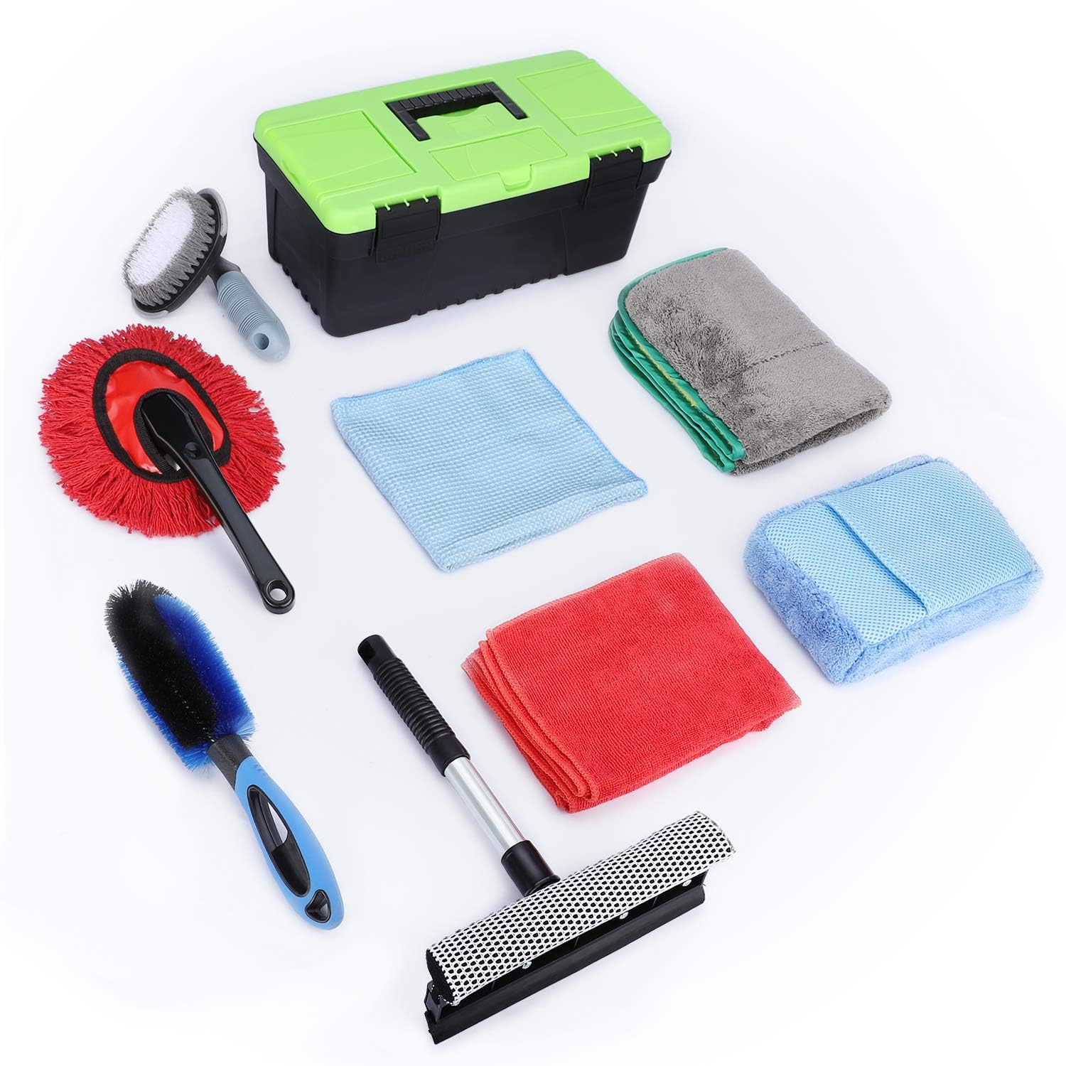 9 Pcs Car Wash Kit Car Cleaning Tools Chenille Wash Mitt Sponge, Microfiber Cloth,Wheel Brush,Squeegee for Interior, Exterior Washing Cleaning Accessories Auto Clean Tools Supply Set with Storage Box: Automotive