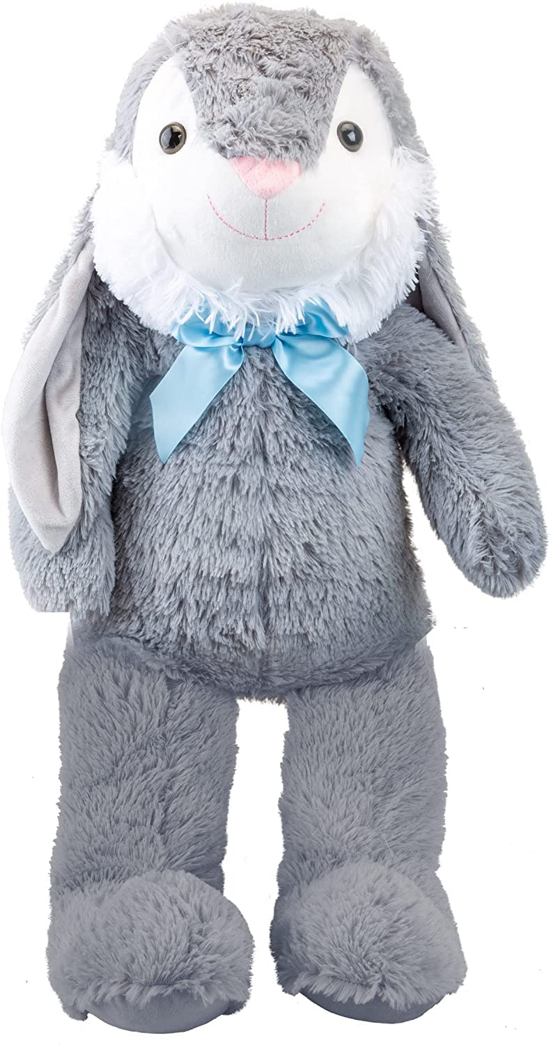 VFM e-Store - Giant Bunny Soft Toy Plush, 75cm Tall - Super Soft Easter Gift Teddy, Baby Teddy With Ribbon & Embroidered Details - Xl Grey Stuffed Woodland Animal Easter Bunny