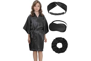 EPLAZA Kids Girls Satin Robe with Hair Band Eye Mask for Birthday Spa Bridal Party Flower Girls Wedding Robes Kimono