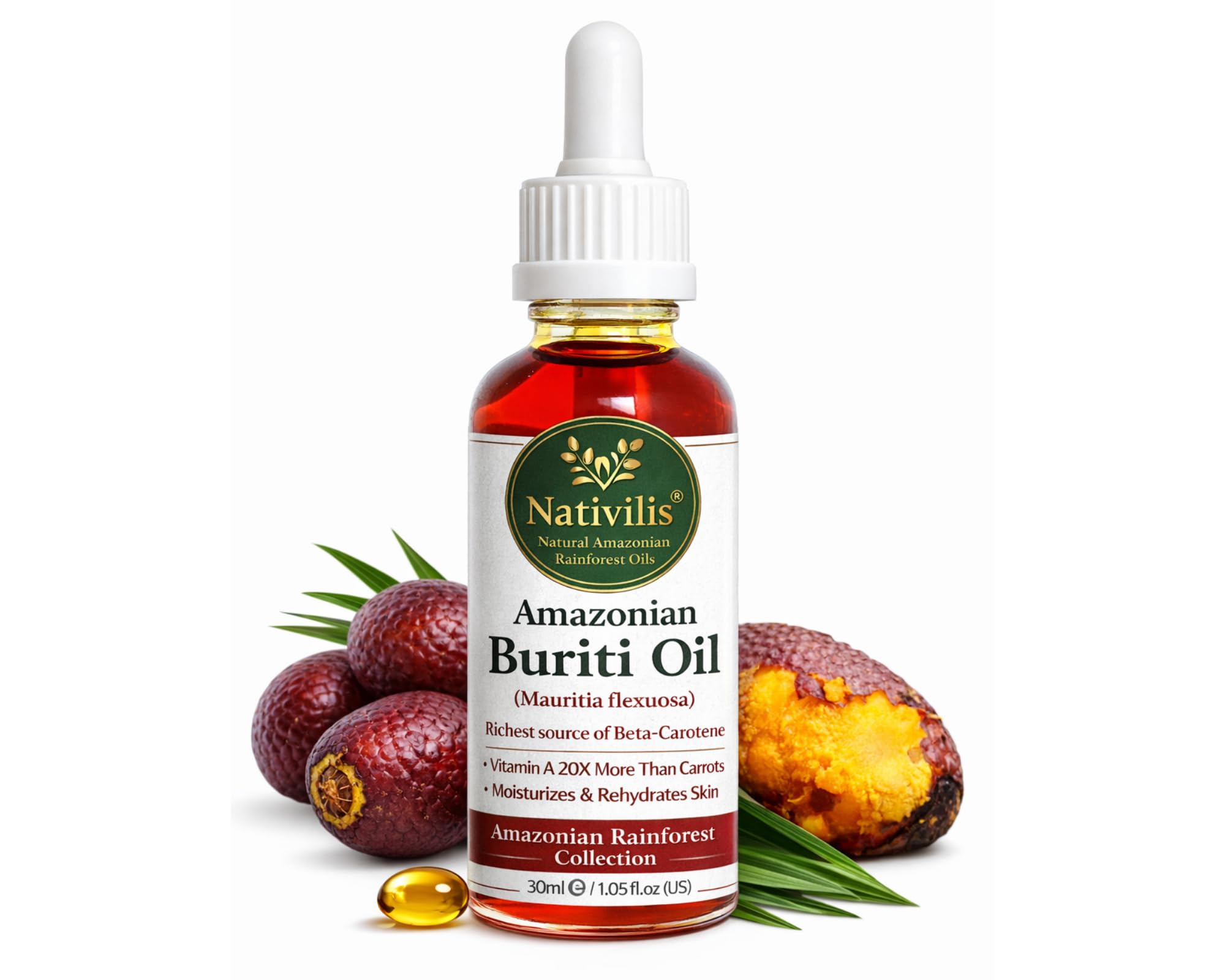 Nativilis Amazonian Buriti Oil (Mauritia flexuosa) Moriche – Aguaje – Richest source Beta-Carotene Vitamin A 20X More than Carrots – emollient rebuild moisturize re-hydrate skin cells - Copaiba