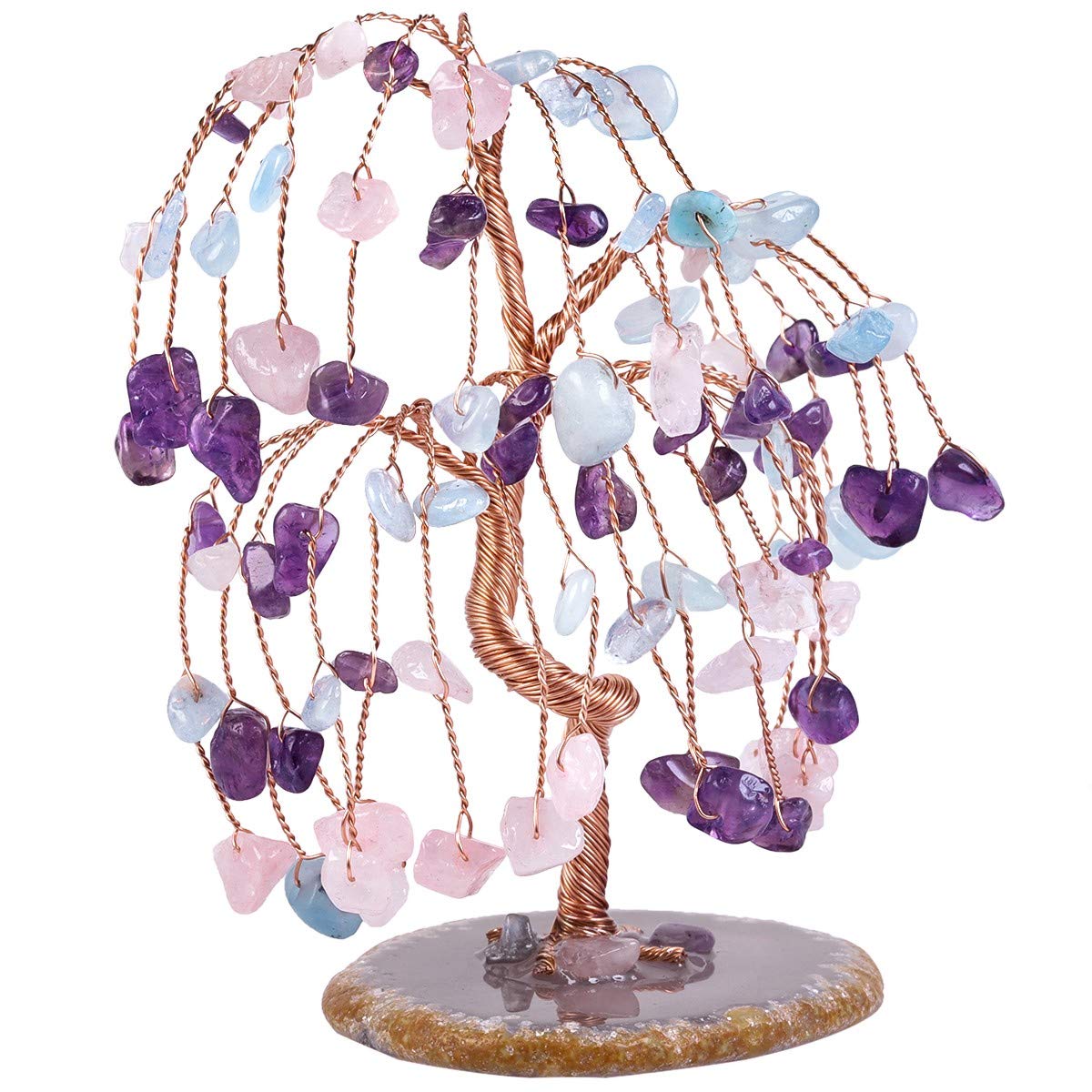 mookaitedecor Amethyst Aquamarine Rose Quartz Crystal Tumbled Stones Money Tree, Gemstone Feng Shui Ornaments Willow Healing Crystal Tree Gift Colourful Bedroom Accessories, Agate Slice Stand