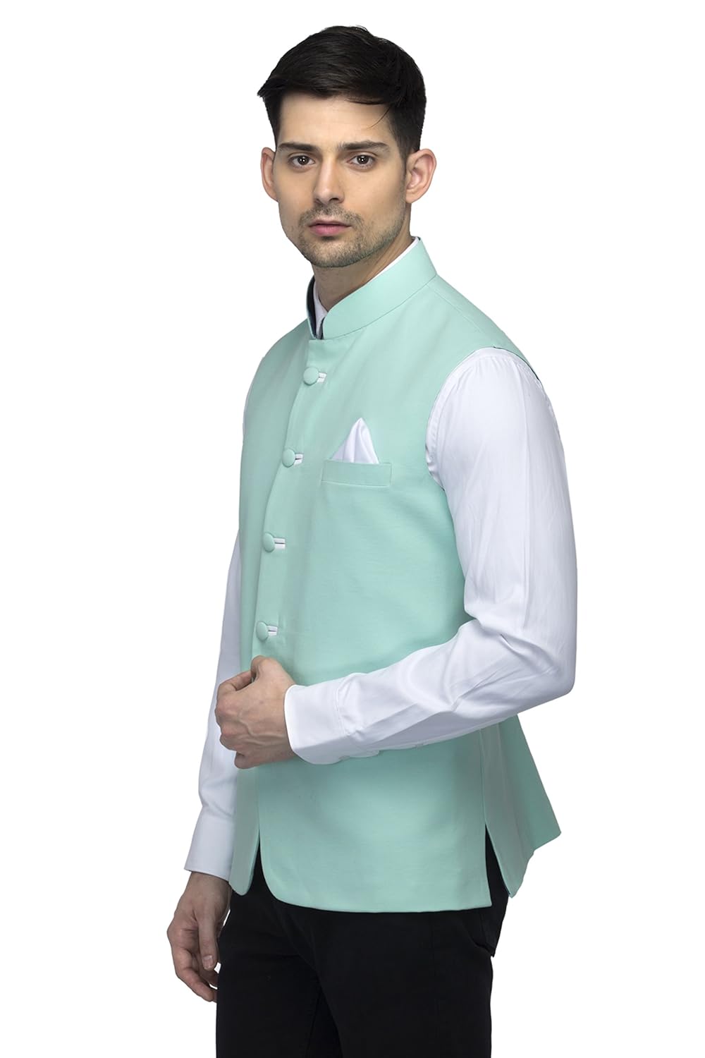 favoroski sleeveless nehru jacket with mandarin collar for men