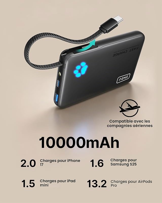 45W Batterie Externe, 10000mAh Power Bank avec USB C Câbles Intégrés