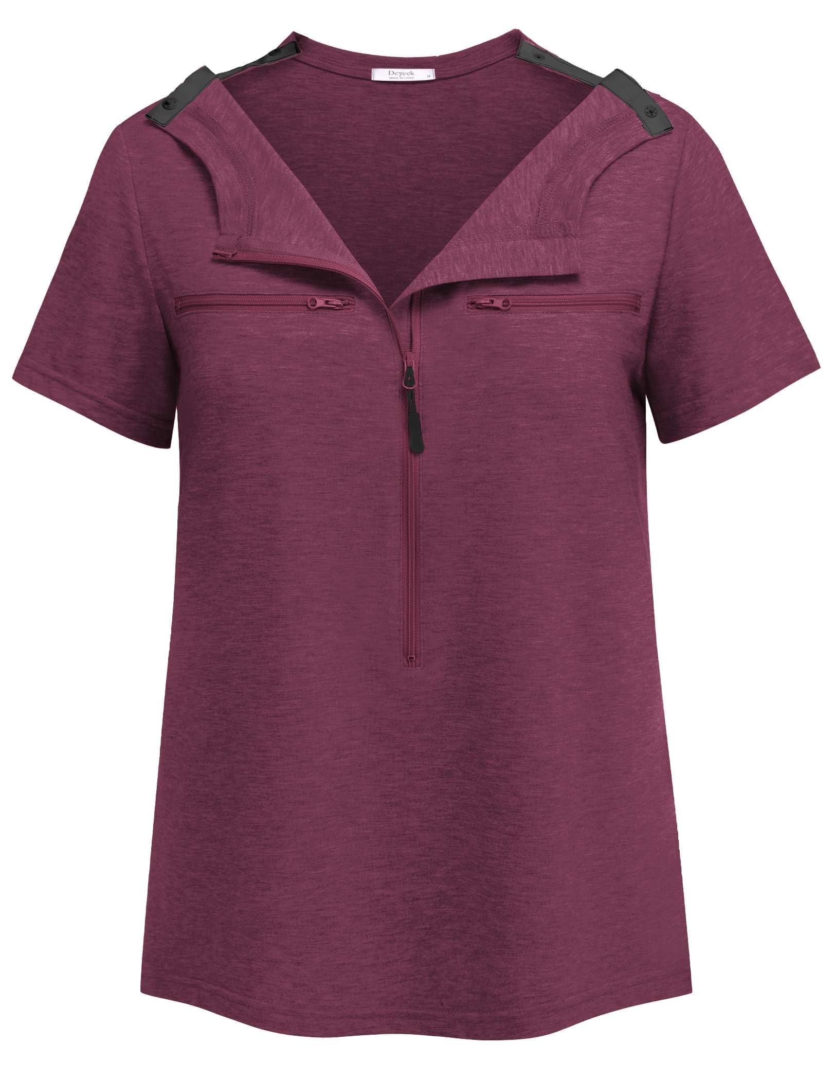 Photo 1 of Deyeek After Shoulder Surgery Must Haves | Chemo Clothing | Women Short Sleeve Shirt | Clothes for Rotator Cuff Surgery Dark Red small
