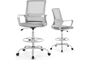 OLIXIS Ergonomic Drafting Tall Office Adjustable Foot Ring, Standing Desk Lumbar Support Counter Height Chair with Wheels, Grey, 22.05D x 21.65W x 46.26H