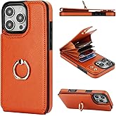 Folosu Compatible with iPhone 16 Pro Max Case Wallet with Card Holder, 360°Rotation Finger Ring Holder Kickstand, RFID Blocking Leather Protective Double Buttons Shockproof Cover 6.9 Inch Brown