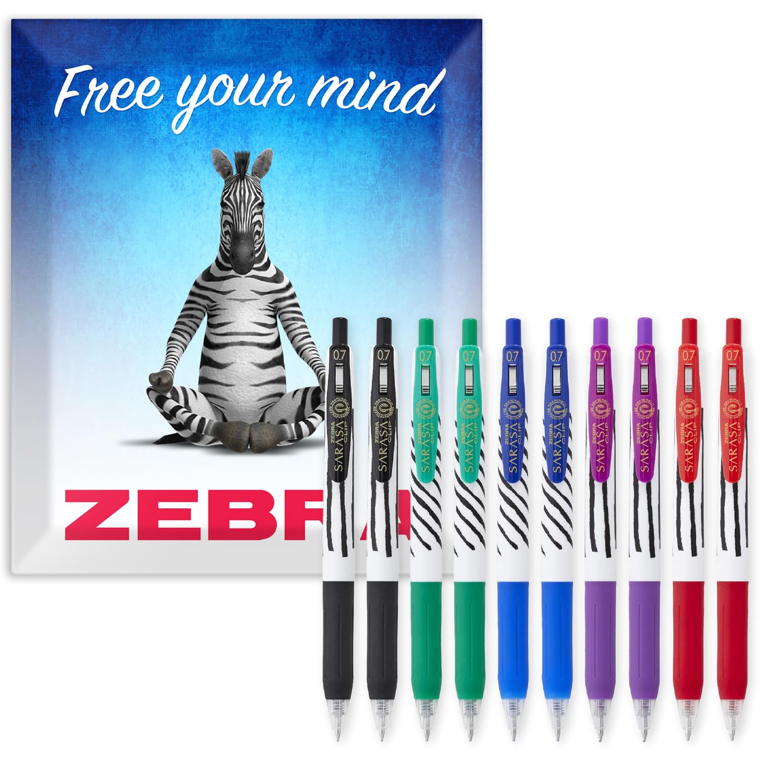 Zebra Pen Sarasa Clip Stripe Gel Pen - Retractable Pens - Medium 0.7mm Nib - Smudge Proof, Rapid Dry Ink With Comfort Grip and Push Clip, Water Resistant - Envelope Gift Packaging - Pack of 10