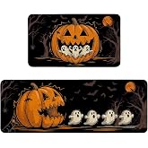 Lookio Chubba Halloween Kitchen Mat Set of 2, Non Slip Washable Black Halloween Kitchen Rugs Decor Funny Pumpkin Eating Ghost Floor Mat Indoor Rug Kitchen Decorations