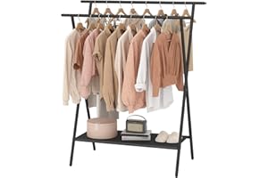 Laiensia Double Rods Clothing Racks for Hanging Clothes,Portable Clothing Hanging Garment Rack with Bottom Oxford Cloth Shelves,Black