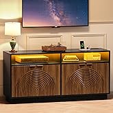 Curlaky Fluted TV Stand with Power Outlet - 58" TV Stands for Living Room, Mid Century Entertainment Center with Storage Cabinets & Adjustable Shelf, LED Modern Media Console for TVs Up to 70", Black