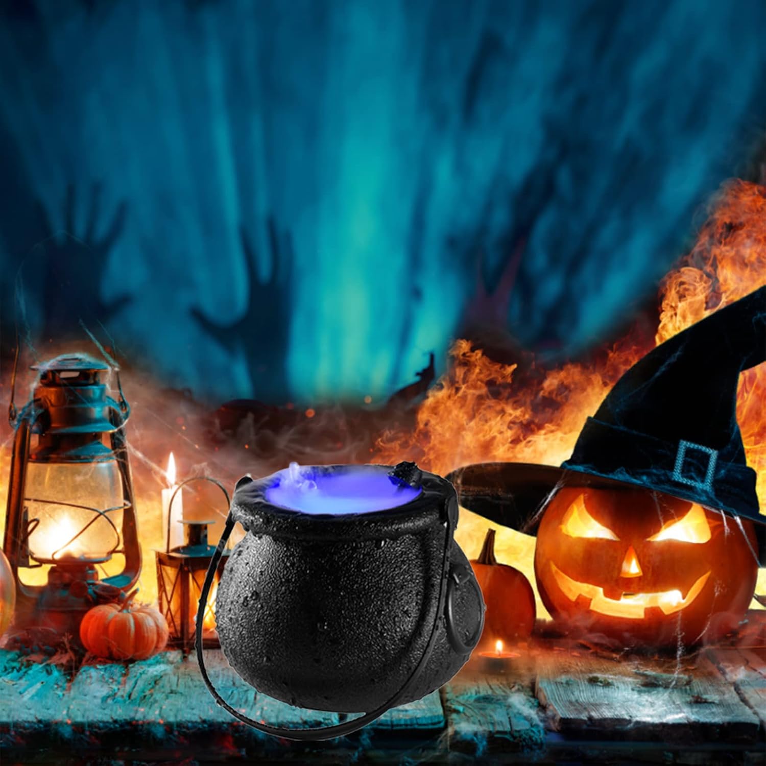 Indoor Fountains & Accessories - LOPJGH Halloween Witch Cauldron with Mist Maker, Black Witch Jar Atomizer Lamp Punch Bowl with 12 LED Light Color Change Fogger Mist Maker Decor(Zinc Alloy)