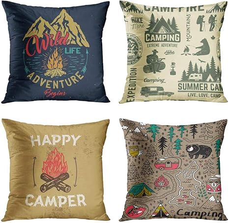 Amazon Com Emvency Set Of 4 Throw Pillow Covers Camp Emblem With Mountain Campfire And Forest Camping Adventure Vintage Decorative Pillow Cases Home Decor Square 20x20 Inches Pillowcases Home Kitchen
