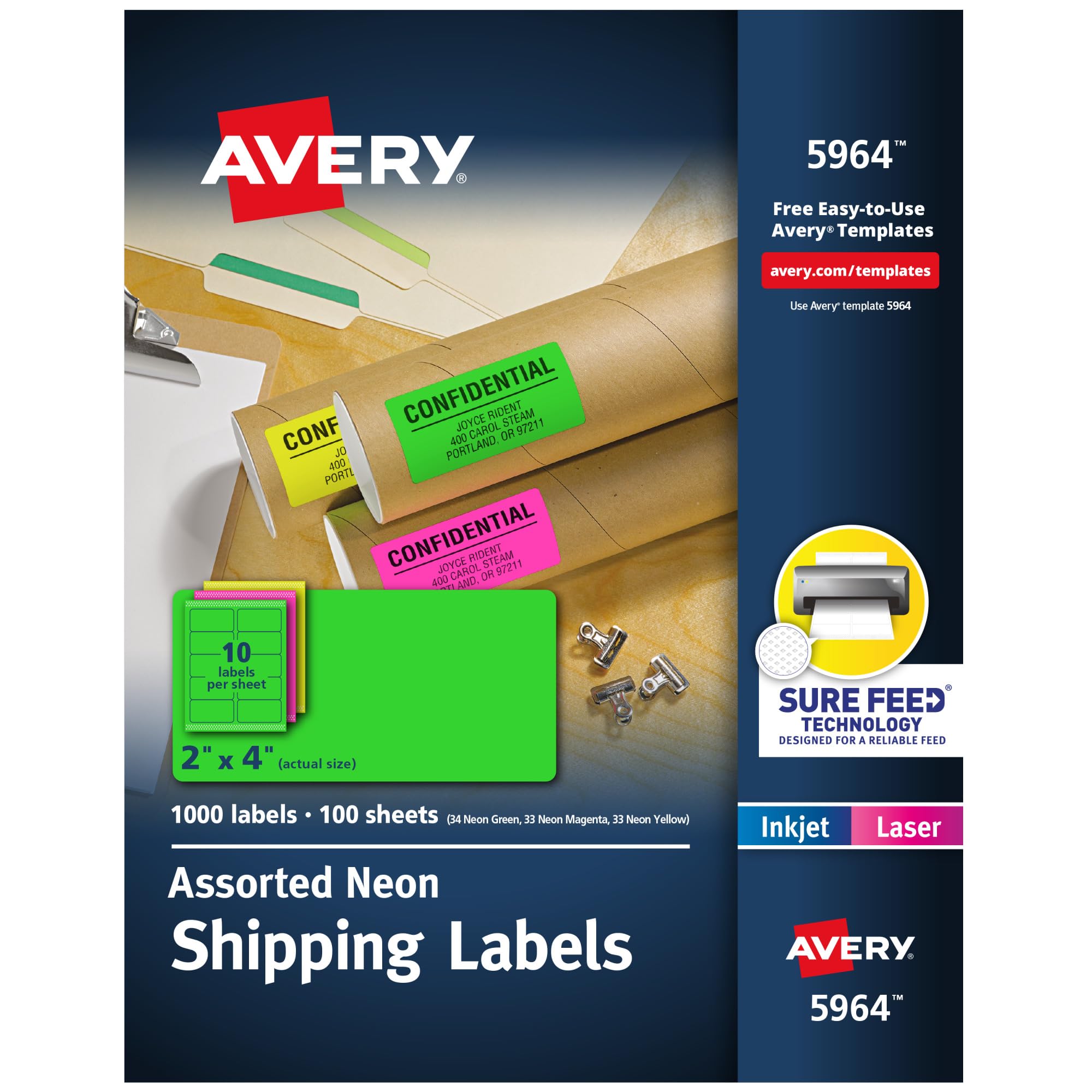Avery Printable Shipping Labels with Sure Feed, 2″x 4″, Assorted Neon Colors (Magenta, Green, and Yellow), Laser & Inkjet Compatible, 1,000 Blank Labels Total (5964)