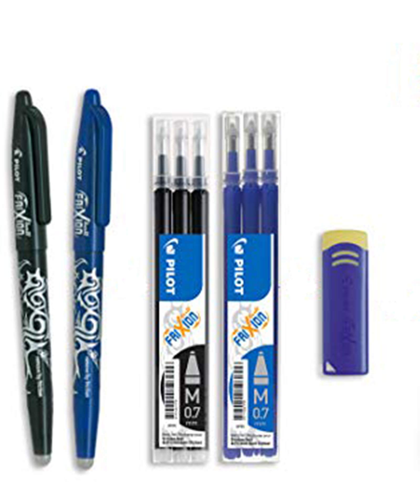 PILOT - FriXion Ball 0.7 Set - 2 Pens, 6 Refills, 1 Eraser - Blue/Black - Erasable Rollerball Pen, 0.4 mm Line Width - Replaceable Lead, Pleasant Writing Experience - Medium Tip