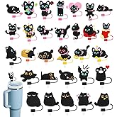 30 Pack Black Cat Straw Covers Cap for Tumblers, 10mm Cute Dust-Proof Straw Topper for Water Bottles Stanley Cups Accessories Gifts For Women Party Favors