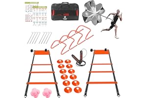 STRIKERSTEPS 2x 20ft Agility Ladder Speed Training Set – Double Ladder Kit with 12 Cones, 4 Adjustable Hurdles, Jump Rope & Running Parachute | Agility Equipment for Soccer, Football, Basketball, Kids & Adults