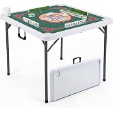 GlowitLian 35" Square Mahjong Table, 4 Player Portable Folding Card Table with Green Tabletop &amp; 4 Cup Holders, Durable HDPE Material, Removable Legs for Easy Storage, White