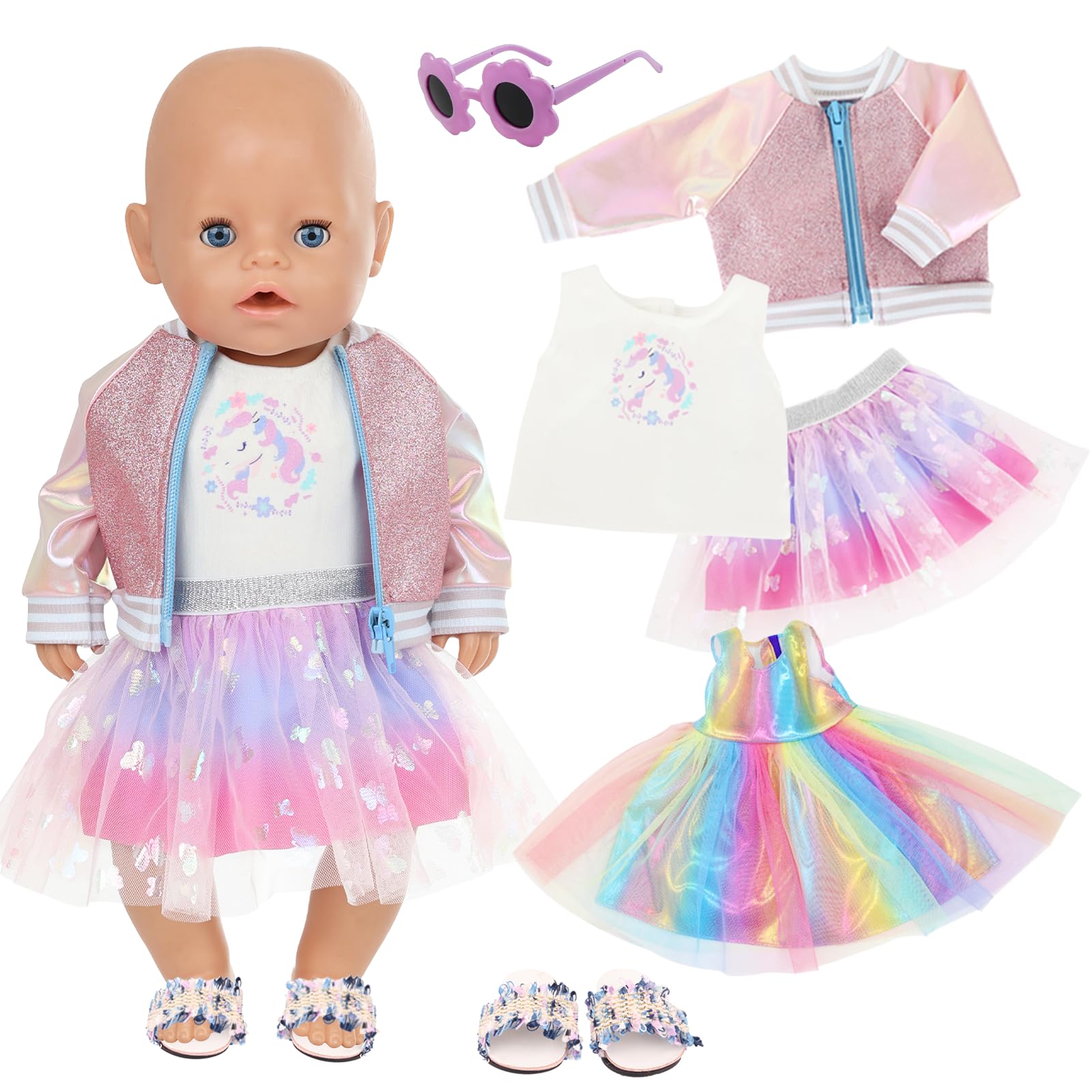 Doll Clothes Dress for 14-18 Inch Baby Doll,with Purple Jacket Butterfly Tulle Skirt Rainbow Dress Vest Top Shoes Sunglasses(No Doll)