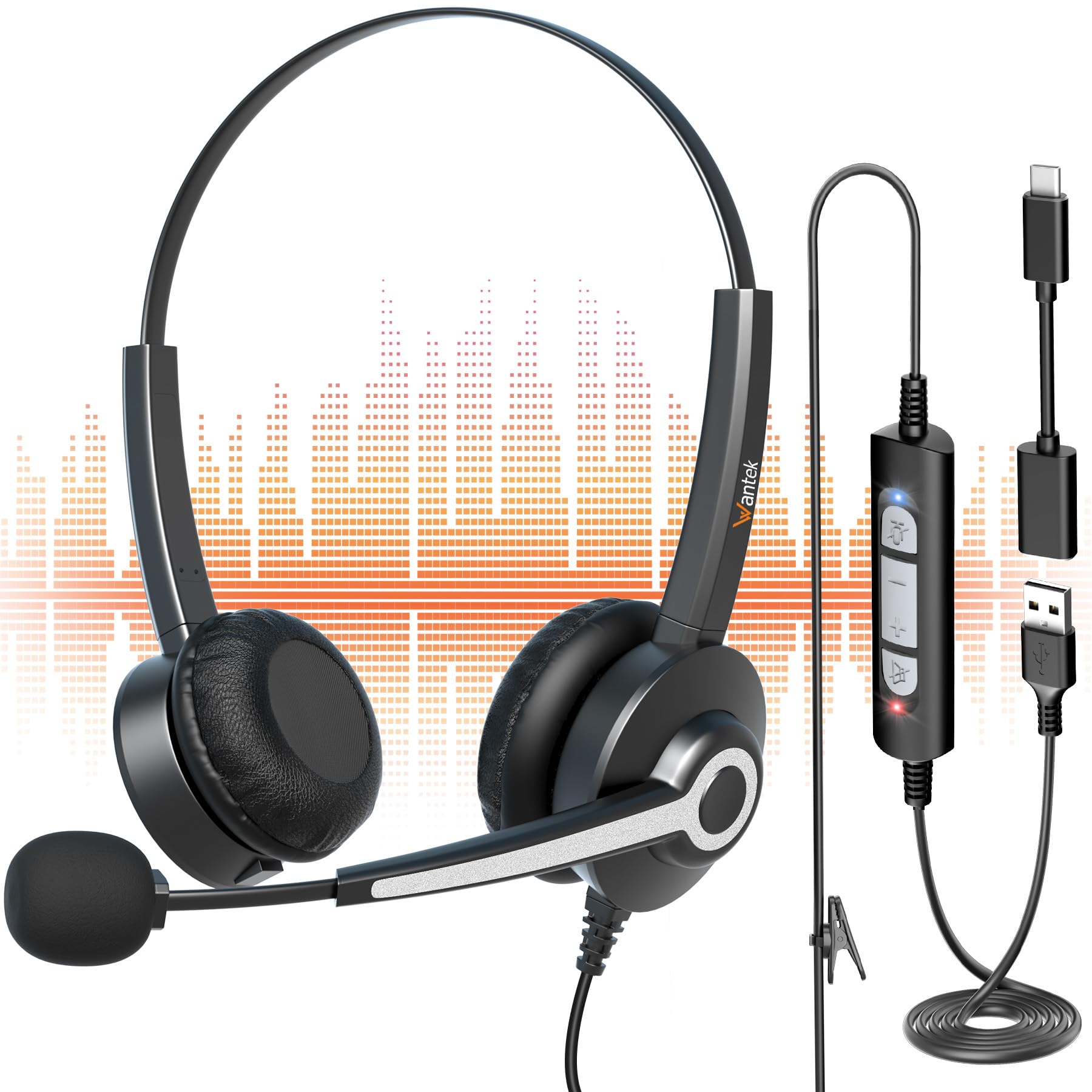 Wantek USB Headsets with Microphone for Laptop Headset,Ultra Clear Call Computer Headset with Noise Cancelling Microphone and In Line Controls