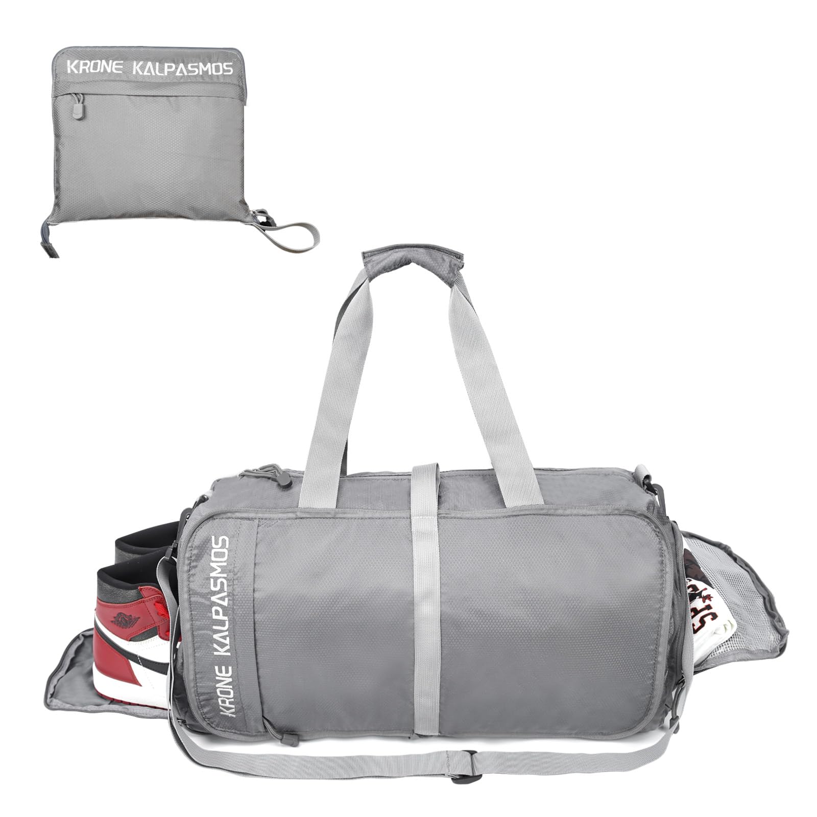 Krone Kalpasmos Foldable Gym Bag for Men, Waterproof Duffel Bag for Women, Weekender Bag with Shoe Compartment for Overnight Travel, 45L Nylon Crossbody Gym Accessories,Get White Toiletry Bag, Grey