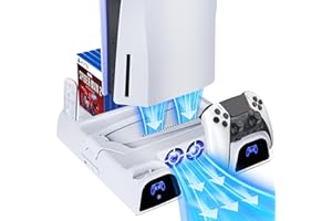 HUO JI PS5 / PS5 Slim Stand and Cooling Station with LED Controller Charging Station for PlayStation 5 Console, PS5 Controller Charger, PS5 / PS5 Slim Accessories with 3 Level Cooling Fan x2