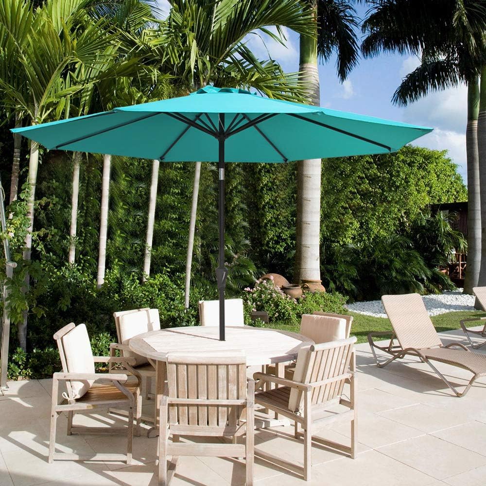 Oc Orange Casual 9 Ft Patio Umbrella With Aluminum Market Outdoor Table Umbrella With 8 Ribs Push Button Tilt And Crank Aqua Blue Amazon Co Uk Garden Outdoors