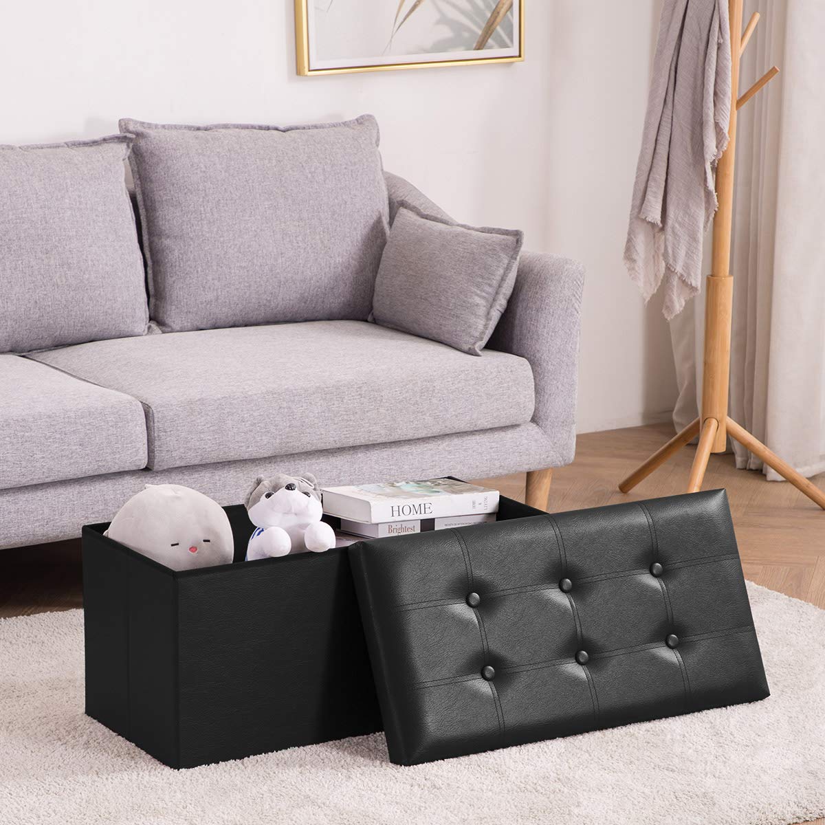 YOUDESURE Folding Storage Ottoman Bench, Faux Leather Footrest for Living Room, End of Bed Bench with Padded Seat, Holds up to 350lbs, Black