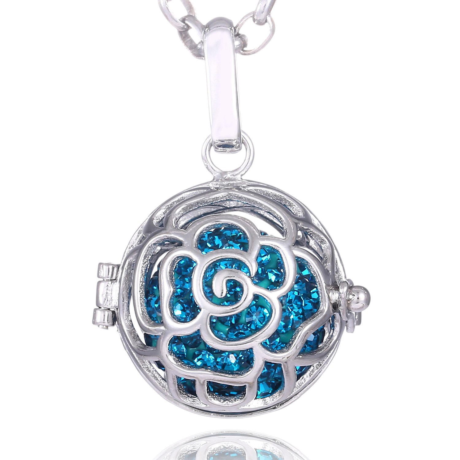 Morella Women Necklace Stainless Steel 70 cm 27,5" with Rose Flower Pendant with Sound Ball Zirconia Petrol Ø 16 mm 0,63" in a Velvet Jewelry Bag — image 1
