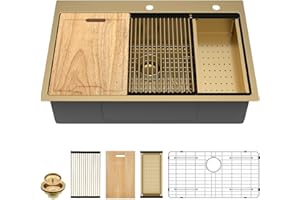 33 Gold Drop In Kitchen Sink - Kichae 33x22 Gold Brushed Stainless Steel Drop Sink 16 Gauge Ledge Workstation Single Bowl Topmount Overmount Handmade Basin with Cutting Board