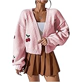 GORGLITTER Women's Cherry Cropped Cardigan Sweaters Open Front Long Sleeve Cute Chunky Knit Short Cardigan Trendy