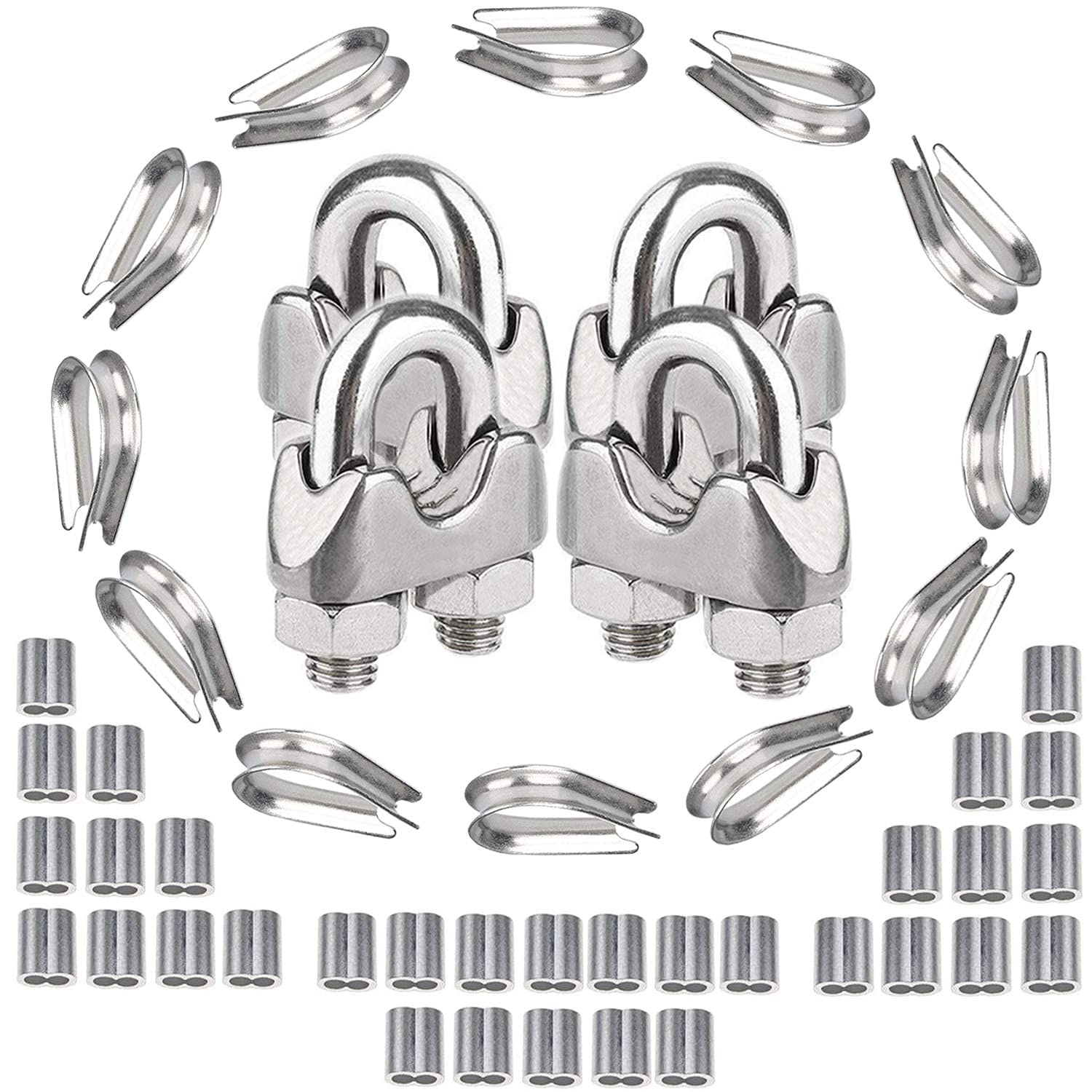 AMLOOPH Stainless Steel U Bolts Wire Rope Clamp Saddle Clips, Cable Clamps Wire Rope Thimbles And Aluminum Crimping Loop Sleeve Finisher Accessories For Ø2-3mm Wire lifting clamps, Pack of 48