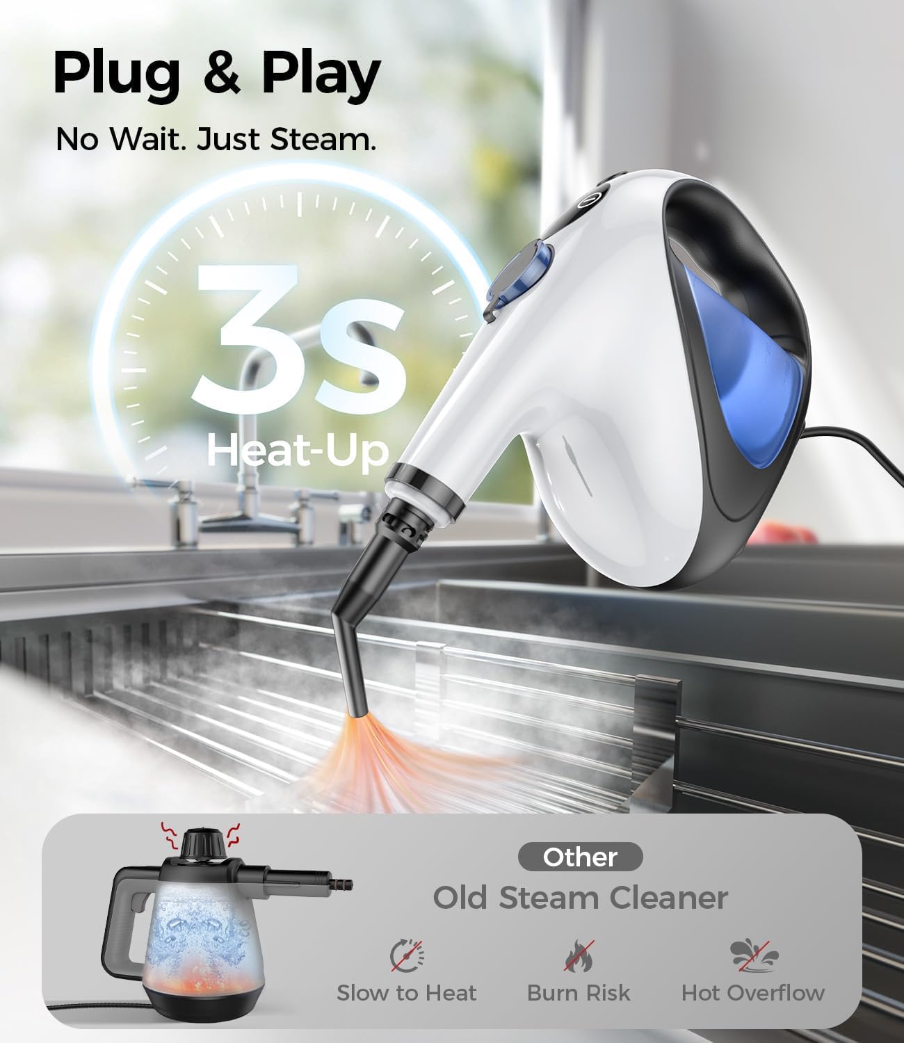 Handheld Steam Cleaner for Home 3s Instant Heat-Up No Need to Wait, Upgrade 2 LB Light Weight Easy Refill Portable Steamer Cleaner for Furniture Couch Grout Walls Kitchenware Cleaning