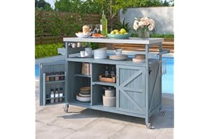 Kennkari Rolling Kitchen Island on Wheels with Storage Cabinet and Drawers, Island Table for Kitchen with Towel and Spice Rack, Kitchen Cart with Drop Leaf for Dining Room (Type D. Grey Blue)